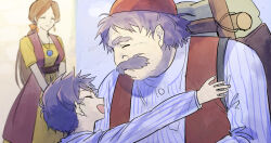 1girl 2boys backpack bag blue_hair blurry blurry_background bow brown_hair child closed_eyes commentary_request dragon_quest dragon_quest_iv dress earrings facial_hair father_and_son fukusuu_(zeonms_06s) hair_bow hat husband_and_wife jewelry low_ponytail mature_male mother_and_son multiple_boys mustache necklace open_mouth orange_bow parted_hair partial_commentary ponytail poporo red_hat red_vest shirt short_hair smile striped_clothes striped_shirt tessie torneko upper_body vest yellow_dress