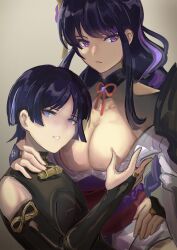 1boy 1girl absurdres armor black_bodysuit black_bridal_gauntlets black_shrug blunt_bangs blunt_ends bodysuit breasts bridal_gauntlets brown_background cleavage closed_mouth collarbone eyeliner eyeshadow genshin_impact gold_ring grabbing_another&#039;s_breast groping hand_on_another&#039;s_hip hand_on_another&#039;s_neck highres japanese_armor japanese_clothes kimono kote kurokote long_hair looking_at_viewer makeup middle_ring mitsudomoe_(shape) mole mole_under_eye momogourami mother_and_son multicolored_hair obi obiage obijime open_mouth parted_bangs pink_lips purple_eyes purple_kimono purple_sleeves raiden_shogun red_eyeliner red_eyeshadow sash scaramouche_(genshin_impact) short_sleeves shrug_(clothing) sidelocks single_sode streaked_hair string swept_bangs tomoe_(symbol) tsurime wanderer_(genshin_impact) white_mouth