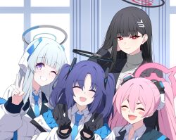 4girls black_gloves black_hair black_halo blue_archive blue_hair blush_stickers closed_eyes closed_mouth commentary_request double_v fang gloves hair_between_eyes hair_ornament halo headgear highres koyuki_(blue_archive) long_hair looking_at_viewer mechanical_halo multiple_girls noa_(blue_archive) one_eye_closed open_mouth pink_hair pink_halo purple_eyes red_eyes reia_76 rio_(blue_archive) seminar_(blue_archive) shirt skin_fang smile sweater triangle_hair_ornament turtleneck turtleneck_sweater twintails two_side_up v white_hair white_halo white_shirt white_sweater yuuka_(blue_archive)