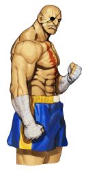 Rule 34 | 1boy, angry, bald, capcom vs snk, clenched hands, clenched teeth, eyepatch, from side, game cg, hand wraps, highres, ikeno daigo, male focus, muscular, muscular male, non-web source, official art, parted lips, raised fist, sagat, scar, scar on chest, scar on face, scowl, shorts, solo, street fighter, teeth, upper teeth only, veins, veiny arms, white background, wrist wrap