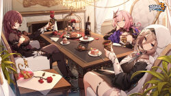 Rule 34 | 3girls, absurdres, alcohol, aponia, bad link, black boots, blue eyes, boots, bottle, breasts, brown hair, cake, cake slice, chair, chalice, closed mouth, crossed legs, cup, curtains, de da xianyu, dress, drinking glass, eden (honkai impact), elf, elysia (honkai impact), elysia (miss pink elf) (honkai impact), fireplace, flower, food, fork, hair ornament, hand on own cheek, hand on own face, highres, holding, holding cup, honkai (series), honkai impact 3rd, indoors, jug (bottle), long hair, long sleeves, looking at viewer, multiple girls, nun, official art, official wallpaper, pantyhose, petals, pink hair, plate, pointy ears, ponytail, purple dress, purple eyes, purple hair, purple pantyhose, red flower, red rose, red wine, rose, sitting, smile, table, thighhighs, tiered tray, window, wine, wine bottle, wine glass, yellow eyes
