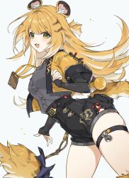 1girl absurdres animal_ears awe_(adorableduckyy) black_shorts blonde_hair breasts cowboy_shot green_eyes grey_shirt high-waist_shorts highres jacket ju_fufu lanyard looking_at_viewer medium_breasts multicolored_hair open_mouth orange_jacket shirt shirt_tucked_in shorts simple_background smile solo streaked_hair tail thigh_strap thighs white_background zenless_zone_zero