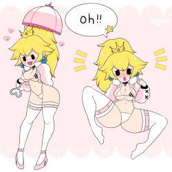 1girl :d :o absurdres ankle_ribbon arm_at_side artist_name bikini black_choker black_eyes blank_eyes blonde_hair blush blush_stickers borrowed_design breasts bursting_breasts cameltoe choker cleavage contrapposto covered_erect_nipples cropped_jacket crown down_jacket earrings english_text eyelashes full_body fur_collar groin hand_up heart high_heels high_ponytail highleg highleg_bikini highres hip_focus holding holding_umbrella jacket jewelry lace_background leg_ribbon legs letterboxed long_hair looking_at_viewer mario_(series) medium_breasts multicolored_umbrella multiple_views navel nintendo no_shoes notice_lines open_clothes open_jacket open_mouth paper_mario parasol pink_background pink_footwear pink_jacket pink_ribbon pink_umbrella ponytail princess_peach ribbon ribbon-trimmed_thighhighs ribbon_trim sataen skindentation smile speech_bubble spread_legs star_(symbol) stomach super_star_(mario) swimsuit thick_thighs thighhighs thighs umbrella underboob white_bikini white_jacket white_thighhighs white_umbrella winter_peach x
