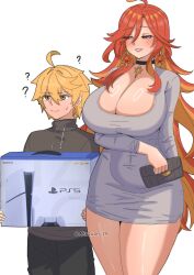 1boy 1girl ? absurdres aether_(genshin_impact) ahoge akazuan_19 arm_under_breasts bag black_choker blonde_hair blush breasts choker cleavage clutch_purse commentary curvy dress earrings english_commentary game_console genshin_impact grey_dress handbag highres huge_breasts jewelry large_breasts long_hair long_sleeves mavuika_(genshin_impact) multicolored_hair orange_hair playstation_5 red_hair simple_background thick_thighs thighs two-tone_hair white_background