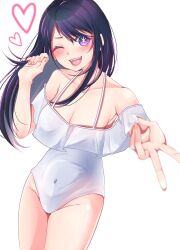 1girl blush breasts cleavage collarbone covered_navel cowboy_shot dot_nose female_focus fingernails from_above hand_up heart hoshino_ai lips long_hair looking_at_viewer looking_up matching_hair/eyes medium_breasts off-shoulder_one-piece_swimsuit off_shoulder one-piece_swimsuit one_eye_closed open_mouth oshi_no_ko outstretched_arm pov purple_eyes purple_hair simple_background smile solo standing star-shaped_pupils star_(symbol) swimsuit symbol-shaped_pupils teeth tongue upper_teeth_only v white_background white_one-piece_swimsuit