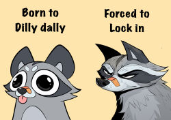 animal animal_focus bandaid bandaid_on_face bandaid_on_nose black_eyes commentary contrast english_commentary english_text freckles furry grey_fur half-closed_eyes happyraccoons highres hikimayu looking_ahead original raccoon serious short_eyebrows simple_background thick_eyebrows three_quarter_view tongue tongue_out toon_(style) upper_body yellow_background