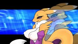 animated black_sclera blue_eyes breasts colored_sclera digimon digimon_(creature) fox furry large_breasts looking_at_viewer renamon tail video