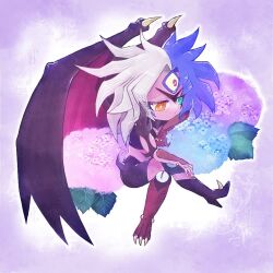 1other chibi colored_skin crossed_legs demon_wings duel_monster facial_mark full_body green_eyes grey_hair heterochromia highres medium_hair multicolored_hair orange_eyes purple_background purple_hair purple_skin sitting third_eye tk_kjk_kndr two-tone_hair wings yu-gi-oh! yubel