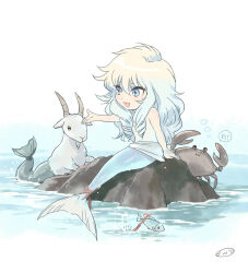 1boy animal animalization blonde_hair blue_eyes blue_hair cancer_(zodiac) cancer_death_mask capricorn_(zodiac) capricorn_shura crab fish goat gradient_hair hand_up long_hair male_focus mermaid mizuhara_aki mole mole_on_cheek monster_girl multicolored_hair navel on_rock pisces_(zodiac) pisces_aphrodite red_ribbon ribbon ringlets saint_seiya sitting solo_focus speech_bubble tail tail_ornament tail_ribbon topless_male trap two-tone_hair water zodiac