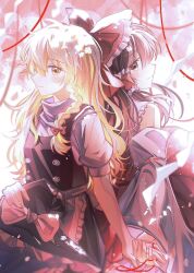 2girls apron black_hat black_vest blonde_hair blush bow braid brown_eyes brown_hair chinese_commentary closed_mouth commentary_request detached_sleeves frilled_bow frilled_hair_tubes frills hair_bow hair_tubes hakurei_reimu hat hat_bow highres holding_hands kirisame_marisa long_hair mi_pomeranian mixed-language_commentary multiple_girls no_headwear puffy_short_sleeves puffy_sleeves red_bow ribbon-trimmed_sleeves ribbon_trim short_sleeves side_braid single_braid sitting smile string string_of_fate touhou unworn_headwear vest waist_apron white_bow witch_hat yellow_eyes yuri