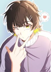 Rule 34 | 1boy, alternate costume, bachira meguru, black hair, blonde hair, blue lock, closed mouth, colored inner hair, commentary, corrupted twitter file, dochoi001, heart, highres, jacket, long sleeves, looking at viewer, male focus, multicolored hair, one eye closed, short hair, solo, spoken heart, track jacket, two-tone hair, upper body, v, yellow eyes