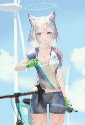 animal_ear_fluff animal_ears bicycle bike_jersey bike_shorts blue_archive blue_eyes blue_sky bottle breasts clothes_pull cloud collarbone commentary cowboy_shot cross_hair_ornament da_(datako) day english_commentary gloves green_gloves grey_hair hair_ornament halo highres looking_at_viewer mismatched_pupils open_mouth outdoors pulling_own_clothes shiroko_(blue_archive) shiroko_(cycling)_(blue_archive) shirt_pull short_hair short_sleeves sky small_breasts steaming_body sunlight sweat thigh_gap water_bottle wind_turbine windmill wolf_ears