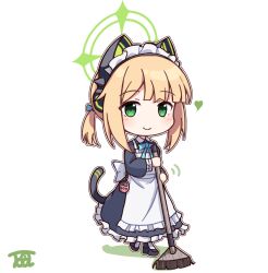 Rule 34 | 1girl, animal ear headphones, animal ears, apron, aqua bow, aqua bowtie, artist logo, back bow, black boots, black dress, black tail, blonde hair, blue archive, blush, boots, bow, bowtie, broom, cat ear headphones, cat ears, cat tail, chibi, closed mouth, collared dress, colored shadow, contrast collar, dress, etosen, fake animal ears, fake tail, frilled apron, frilled dress, frills, full body, green eyes, green halo, hair bow, halo, headphones, heart, highres, holding, holding broom, logo, long sleeves, looking at viewer, maid, maid apron, maid headdress, midori (blue archive), midori (maid) (blue archive), official alternate costume, official alternate hairstyle, outline, ponytail, puffy long sleeves, puffy sleeves, shadow, short hair, short ponytail, sidelocks, simple background, smile, solo, tail, virtual pet (toy), walking, white apron, white background, white bow, white headdress, white outline