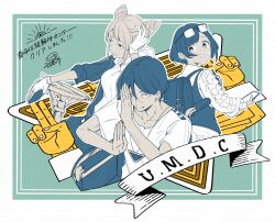 1boy 2girls absurdres backpack bag blue_background collared_shirt commentary_request cone_hair_bun dissolution_(toshi_densetsu_kaitai_center) double_bun eyewear_on_head frilled_shirt frilled_sleeves frills fukurai_azami gloves hair_between_eyes hair_bun hand_on_own_head highres limited_palette long_sleeves looking_at_viewer looking_back meguriya_ayumu multiple_girls nikki_kyousuke open_mouth partially_fingerless_gloves puffy_sleeves shirt short_hair short_sleeves signature smile steering_wheel tomarigi_yasumi toshi_densetsu_kaitai_center translation_request triangle triangle_necklace upper_body