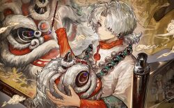 Rule 34 | 1boy, absurdres, analogous colors, bead necklace, beads, blue eyes, calligraphy brush, eyes visible through hair, fuyun (guilongchao), guilongchao, hair over one eye, hand up, highres, holding, holding calligraphy brush, holding paintbrush, jacket, jewelry, layered sleeves, light smile, lion dance, long sleeves, looking down, male focus, naijiaer, necklace, paintbrush, ponytail, red shirt, scroll, shirt, short hair, short over long sleeves, short ponytail, short sleeves, upper body, white hair, white jacket, yellow background
