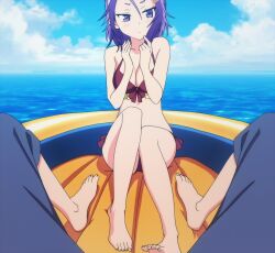 1boy 1girl anime_screenshot bikini blush bokutachi_wa_benkyou_ga_dekinai breasts breasts_squeezed_together embarrassed feet hand_on_own_face highres kominami_asumi legs legs_together looking_down looking_to_the_side pov purple_eyes purple_hair stitched swimsuit third-party_edit