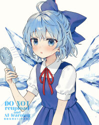 1girl ahoge artist_name blue_bow blue_dress blue_eyes blue_hair blush bow cirno collared_shirt commentary_request ctd_114 dress electric_fan hair_bow hand_fan highres holding holding_fan hot ice ice_wings neck_ribbon open_mouth pinafore_dress red_ribbon ribbon shirt short_hair short_sleeves simple_background sleeveless sleeveless_dress solo sweat touhou upper_body watermark white_background white_shirt wings