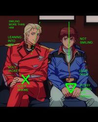 2boys amuro_ray blonde_hair blue_eyes brown_hair char_aznable couch crossed_legs english_text green_line_test_(meme) gundam hands_on_legs highres jacket long_sleeves looking_at_viewer male_focus manspreading meme military_jacket military_uniform mobile_suit_gundam multiple_boys on_couch red_jacket short_hair sitting smile triangle turtleneck yaoi yy0880yy