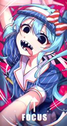 1girl arm_up arrow_(symbol) black_eyes blue_dress blue_hair blue_hat bow buttons collared_dress commentary_request double-breasted dress english_text flat_chest hair_between_eyes hat hatsune_miku highres korean_commentary looking_at_viewer mesmerizer_(vocaloid) moa_aa6 outstretched_hand pink_background pinstripe_dress pinstripe_hat pinstripe_pattern red_bow sailor_collar sharp_teeth short_sleeves solo striped_bow teeth tongue tongue_out twintails two-tone_bow visor_cap vocaloid white_bow white_sailor_collar