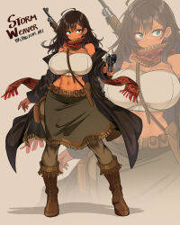 1girl absurdres ahoge aiming aiming_at_viewer artist_name blush boots breasts brown_boots brown_hair brown_jacket brown_pants closed_mouth cowgirl_(western) crop_top dark-skinned_female dark_skin eyebrows_hidden_by_hair eyes_visible_through_hair full_body green_eyes gun handgun highres holding holding_gun holding_weapon huge_breasts jacket jarckius long_hair looking_at_viewer multiple_views native_american navel original pants red_scarf rifle scar scar_on_face scar_on_nose scarf solo standing storm_weaver_(jarckius) weapon