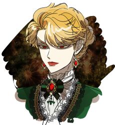 1girl blonde_hair dio_brando ear_birthmark earrings gem genderswap genderswap_(mtf) jewelry jojo_no_kimyou_na_bouken lipstick makeup pale_skin phantom_blood red_eyes red_gemstone red_lips rlaygkswywy solo vampire