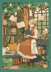 1girl absurdres artist_name basket black_eyes black_shoes blonde_hair blue_border blush book book_stack bookshelf border bow braid branch brown_bow brown_dress brown_eyes brown_ribbon brown_shoes brown_vest cabinet chair closed_mouth collared_dress crown_braid curtains day desk desk_lamp drawer dress finger_to_own_chin floating floating_book floating_object flower flower_pot foliage frilled_dress frills full_body hair_bow hair_ribbon hand_on_own_chin hanging_light hanging_plant highres holding holding_book indoors jacket lamp lantern leaf levitation light_bulb long_dress long_hair long_sleeves looking_at_object mary_janes mushroom open_book open_clothes orange_bow orange_dress orange_ribbon original picture_frame pinafore_dress plant pocket potted_plant reading ribbon shelf shoes sitting sleeveless sleeveless_dress smile socks solo stool striped_clothes striped_dress stroking_own_chin table takosuke_(gyzp7373) tree tree_stump vertical-striped_clothes vertical-striped_dress vest vines watermark white_border white_jacket white_socks window windowsill