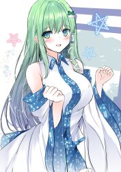 Rule 34 | 1girl, :d, absurdres, bare shoulders, blue skirt, blush stickers, breasts, clenched hand, collared shirt, detached sleeves, dot nose, frilled skirt, frills, frog hair ornament, green eyes, green hair, hair intakes, hair ornament, hair tubes, highres, huge breasts, kochiya sanae, long hair, long sleeves, looking at viewer, open mouth, patterned clothing, print skirt, shirt, single hair tube, single sidelock, skirt, skirt set, sleeveless, sleeveless shirt, smile, snake hair ornament, solo, star (symbol), tomo (uguisu-tei), torii, touhou, upper body, very long hair, wide sleeves, wing collar