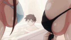 Rule 34 | 1boy, 2girls, animated, animated gif, ayane shirakawa, bath, bathroom, bathtub, bikini, black bikini, breasts, brown eyes, brown hair, indoors, kotone shirakawa, large breasts, looking at another, matching hair/eyes, multiple girls, overflow (anime), shiny skin, shirakawa, sudou kazushi, swimsuit, water, white bikini