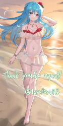 1girl aqua_eyes aqua_hair bare_shoulders beach bikini blue_eyes breasts cleavage eirika_(fire_emblem) eirika_(summer)_(fire_emblem) fire_emblem fire_emblem:_the_sacred_stones fire_emblem_heroes flower flower_on_head full_body hair_flower hair_ornament hibiscus highres jewelry layered_bikini long_hair looking_at_viewer medium_breasts multicolored_bikini navel necklace nintendo ocean off-shoulder_bikini off_shoulder official_alternate_costume outdoors red_bikini smile solo sunset swimsuit tarutaru193 two-tone_bikini yellow_bikini