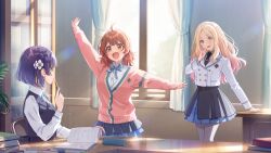 3girls ahoge blazer blonde_hair blue_eyes book brown_eyes brown_hair buttons cabinet cardigan chair curtains eraser gakuen_idolmaster game_cg hair_ornament hanami_ume hand_up hataya_misuzu holding idolmaster jacket juo_sena leaf multicolored_hair multiple_girls neck_ribbon necktie official_art open_mouth pantyhose pen pink_hair purple_hair red_hair ribbon school_uniform skirt table window