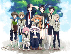 10s 6+boys ^_^ absurdres ahoge akita_toushirou atsushi_toushirou black_gloves black_hair blonde_hair blue_eyes brown_eyes brown_hair bucket cape closed_eyes full_body gloves gokotai gokotai&#039;s_tigers grey_eyes hair_over_one_eye hat highres hirano_toushirou honebami_toushirou maeda_toushirou male_focus midare_toushirou multiple_boys namazuo_toushirou open_mouth pink_hair plant potted_plant purple_eyes shorts shovel sitting sky smile spade sun_hat suspenders tiger touken_ranbu tree usamochi. usamochi_(7290381) white_hair white_tiger worktool yagen_toushirou yellow_eyes