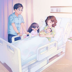 2boys 2girls :d ^_^ aged_down antenna_hair baby bed black-framed_eyewear black_eyes black_hair blue_pants blue_shirt bouquet bow bright_pupils brother_and_sister brown_hair cabinet carrying carrying_baby carrying_person character_name child closed_eyes closed_mouth collared_shirt commentary cowboy_shot curtains denim dress english_commentary facial_hair family father_and_daughter father_and_son fingernails flower glasses hair_behind_ear happy_birthday highres hospital_bed indoors jeans leaf lips long_hair looking_at_another mari_(faraway)_(omori) mari_(omori) maromichan mother_and_daughter mother_and_son multiple_boys multiple_girls omori on_bed open_mouth pants pink_bow round_eyewear shirt short_hair short_sleeves siblings sitting sleeve_bow smile standing straight_hair sunny&#039;s_dad_(omori) sunny&#039;s_mom_(omori) sunny_(omori) teeth tongue tulip upper_teeth_only very_short_hair watch wavy_hair white_dress white_flower white_pupils white_tulip wooden_floor wristwatch