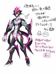 1boy arm_fins asroc_(gunvolt) azure_striker_gunvolt azure_striker_gunvolt_2 black_sclera colored_sclera concept_art full_body headgear male_focus nimrod_(gunvolt) official_art purple_eyes purple_hair reference_sheet short_hair simple_background solo white_background
