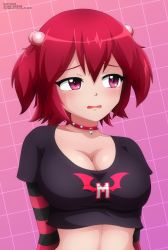 1girl absurdres bell black_shirt blush breasts choker cleavage collarbone embarrassed grid grid_background hair_bobbles hair_ornament highres indie_virtual_youtuber jingle_bell large_breasts logo_parody long_hair long_sleeves looking_to_the_side midriff neck_bell nhentai open_mouth pink_background pink_eyes print_shirt red_hair shirt standing sugoidoppai twintails virtual_youtuber zel-sama