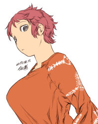 Rule 34 | 1girl, breasts, dated, large breasts, long sleeves, looking at viewer, looking down, orange shirt, original, red hair, shirt, short hair, signature, simple background, tsukudani (coke-buta), upper body, very short hair, white background
