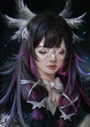1girl angel angel_wings black_hair closed_eyes closed_mouth columbina_(genshin_impact) double-parted_bangs eye_mask feathered_wings genshin_impact hair_ribbon head_wings highres long_hair multicolored_hair pink_hair realistic ribbon solo soyameii tears wings