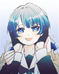 2girls :d black_gloves blue_eyes blue_hair blue_ribbon brown_cardigan cardigan collarbone commentary_request dress female_pov gloves gradient_hair hair_ribbon half_gloves hands_on_another&#039;s_cheeks hands_on_another&#039;s_face hasu_no_sora_school_uniform highres kanduki_kamibukuro light_particles link!_like!_love_live! long_hair long_sleeves looking_at_viewer love_live! low_twintails multicolored_hair multiple_girls murano_sayaka open_cardigan open_clothes open_mouth pov pov_hands purple_background ribbon sailor_collar sailor_dress school_uniform simple_background smile twintails virtual_youtuber white_sailor_collar winter_uniform yugiri_tsuzuri yuri