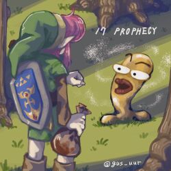 1boy 1other bag belt boots cukeman from_behind grass gus_uur hat link monster nintendo outdoors pink_hair pointy_ears powder shield shield_on_back the_legend_of_zelda the_legend_of_zelda:_a_link_to_the_past tree tunic