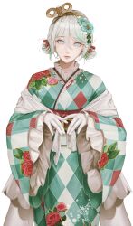 Rule 34 | 1girl, absurdres, argyle clothes, argyle kimono, avocado2o2, cecilia immergreen, cecilia immergreen (new year), closed mouth, double bun, floral print, floral print kimono, flower, gloves, gradient hair, green eyes, green hair, green kimono, hair bun, hair flower, hair ornament, highres, hololive, hololive english, japanese clothes, kimono, lace, lace-trimmed kimono, lace trim, looking at viewer, multicolored hair, print kimono, simple background, solo, virtual youtuber, white background, white gloves, white hair, winding key