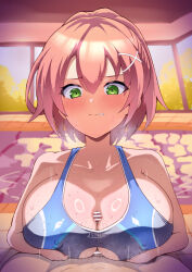 Rule 34 | 1boy, 1girl, alternate costume, bar censor, blush, breasts, breasts squeezed together, breath, censored, cleavage, clenched teeth, clothed sex, clothing cutout, commentary, covered erect nipples, double-parted bangs, eiyuu densetsu, green eyes, hair between eyes, hair ornament, hetero, juna crawford, large breasts, looking down, mussyu danachan, paid reward available, paizuri, penis, pink hair, poolside, pov, sen no kiseki, sen no kiseki (series), sen no kiseki iii, short hair, solo focus, sweat, teeth, underboob, underboob cutout, upper body, x hair ornament