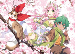 1boy 1girl :d boots cherry_blossoms deokure_tamer_no_sonohigurashi detached_sleeves dress familiar flower green_eyes green_hair green_scarf hair_flower hair_ornament in_tree long_hair nardack neckerchief novel_illustration off-shoulder_dress off_shoulder official_art olto open_mouth pink_hair red_neckerchief rick_(deokure_tamer_no_sonohigurashi) robe sakura_(deokure_tamer_no_sonohigurashi) scarf second-party_source short_hair sitting sitting_in_tree smile squirrel thigh_boots thighhighs tree v zettai_ryouiki