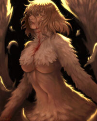0homi 1girl absurdres blonde_hair blood blood_from_mouth breasts commentary dungeon_meshi falin_touden falin_touden_(chimera) feathered_wings feathers highres large_breasts navel open_mouth slit_throat solo twitter_username upper_body wings yellow_eyes