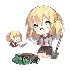 2girls :d black_shoes blonde_hair blush blush_stickers brown_dress brown_sailor_collar brown_skirt chibi closed_mouth dress explosive fairy_(girls&#039;_frontline) full_body girls&#039;_frontline glasses grass green_eyes grey_shirt hair_between_eyes holding kneeling landmine_fairy_(girls&#039;_frontline) long_hair long_sleeves looking_at_viewer mine_(weapon) multiple_girls neck_ribbon necktie official_art one_side_up open_mouth planted planted_shovel pleated_skirt red_necktie red_ribbon ribbon rimless_eyewear sailor_collar saru school_uniform serafuku shirt shoes shovel simple_background skirt smile socks third-party_source transparent_background trowel w white_socks |_|