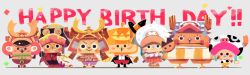 1boy antlers blush_stickers chibi confetti cosplay cross hakama happy_birthday hat highres hood horns japanese_clothes looking_at_viewer multiple_views one_piece one_piece_film:_z pink_hat red_hakama reindeer_antlers shirt smile striped_clothes striped_shirt sugiyama_(yookoisei) tony_tony_chopper vertical-striped_clothes vertical-striped_shirt yamato_(one_piece) yamato_(one_piece)_(cosplay)