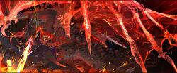Rule 34 | 1boy, absurdres, amputee, bayle the dread, breath weapon, breathing fire, claws, colored sclera, commentary, dragon, dragon wings, elden ring, english commentary, fire, from side, highres, horns, lightning, looking down, missing limb, multiple horns, no humans, nslacka, open mouth, red eyes, red lightning, red sclera, sharp teeth, solo, teeth, western dragon, wings