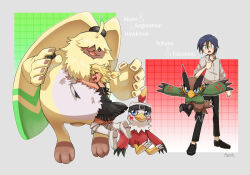 angoramon beak belt blonde_hair blue_eyes digimon digimon_(creature) falcomon hawkmon hug shaman_king smile wings