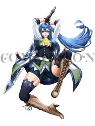 ascot bike_shorts blue_hair boots breasts brown_eyes commentary commission dapx eiyuu_densetsu english_commentary english_text fingerless_gloves full_body gloves hair_between_eyes high_heel_boots high_heels highres holding holding_sword holding_weapon huge_weapon kneehighs large_breasts laura_s._arseid long_hair looking_at_viewer parted_bangs sen_no_kiseki sen_no_kiseki_(series) sen_no_kiseki_iii shorts simple_background single_sidelock smile socks sword watermark weapon white_background
