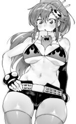 Rule 34 | 1girl, :o, absurdres, animal between breasts, asymmetrical gloves, belt, bikini, bikini top only, blush, boota (ttgl), breasts, cleavage, cowboy shot, elbow gloves, fingerless gloves, gloves, greyscale, hair ornament, hand on own hip, highres, large breasts, long hair, looking at viewer, micro shorts, mismatched gloves, monochrome, navel, niwarhythm, scarf, shorts, simple background, single elbow glove, skindentation, skull hair ornament, stomach, swimsuit, tengen toppa gurren lagann, thick thighs, thighhighs, thighs, very long hair, wide hips, yoko littner
