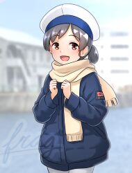 Rule 34 | 1girl, absurdres, black hair, blurry, blurry background, blush, brown eyes, commentary request, cowboy shot, down jacket, furaggu (frag 0416), harbor, hat, hiburi (kancolle), highres, jacket, kantai collection, long sleeves, looking at viewer, low ponytail, open mouth, outdoors, pants, partial commentary, ponytail, scarf, shipyard, short hair, smile, solo