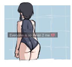 Rule 34 | 1girl, ameh li, ass, azumanga daiou, black hair, blue background, blue one-piece swimsuit, emoji, english text, everyone is so mean 2 me (meme), facing away, highres, kurosawa minamo, meme, one-piece swimsuit, shiny skin, short hair, short hair with long locks, swimsuit